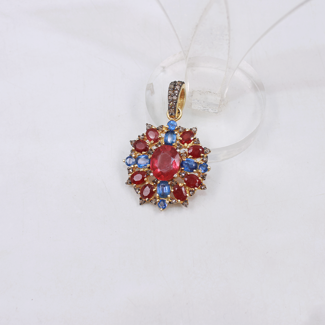 Gold-Plated Sterling Silver Pendant with Ruby, Kyanite, and Sparkling Diamonds