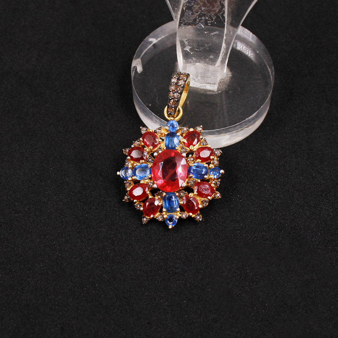 Ruby and Kyanite Multicolor Pendant with Diamond Halo – Vintage-Inspired Jewelry