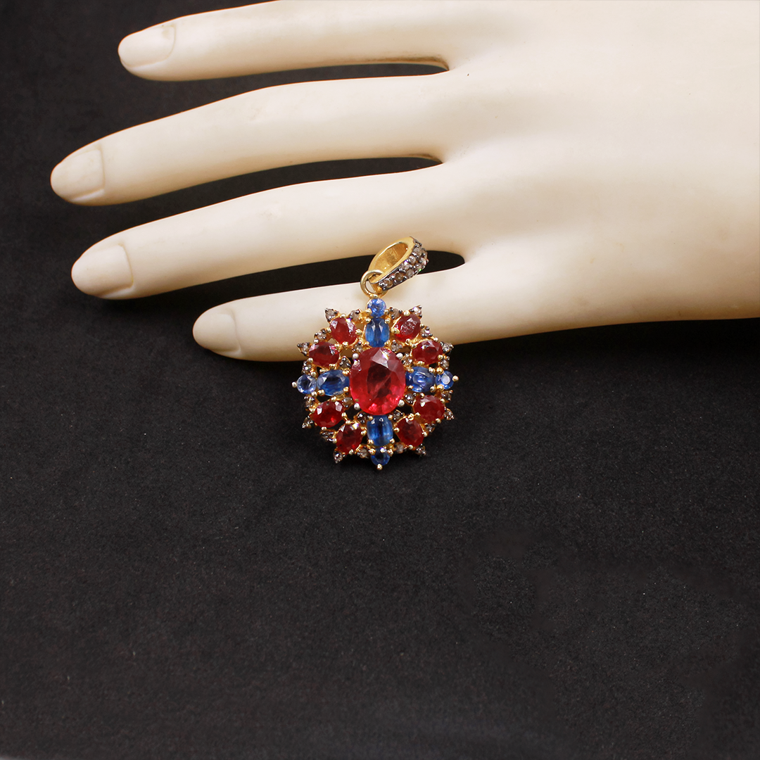Natural Gemstone Ruby and Kyanite Pendant with Gold-Plated Designer Setting