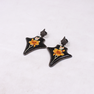 Luxury Wooden Jewelry Earrings With Floral Artwork And Pave Diamond Accents