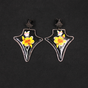 Artisan Wooden Earrings With Floral Painting And Diamond Detailing