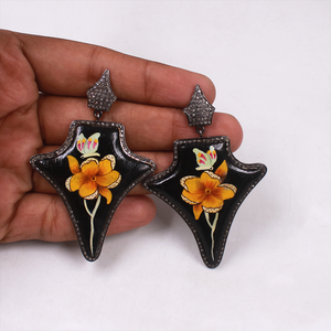 Artisan Wooden Earrings With Floral Painting And Diamond Detailing