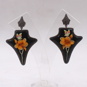 Black And Yellow Wooden Statement Earrings With Diamonds – Sterling Silver Finish