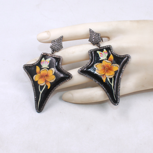 Luxury Handmade Wooden Earrings With Yellow Flower Design And Diamond Halo