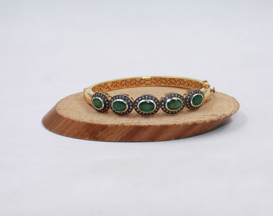 Gold-Plated Emerald And Diamond Bangle In 925 Sterling Silver