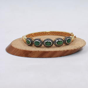 Gold-Plated Emerald And Diamond Bangle In 925 Sterling Silver