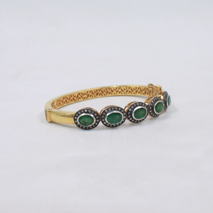 Antique Emerald Gemstone Bangle With Rosecut Pave Diamonds