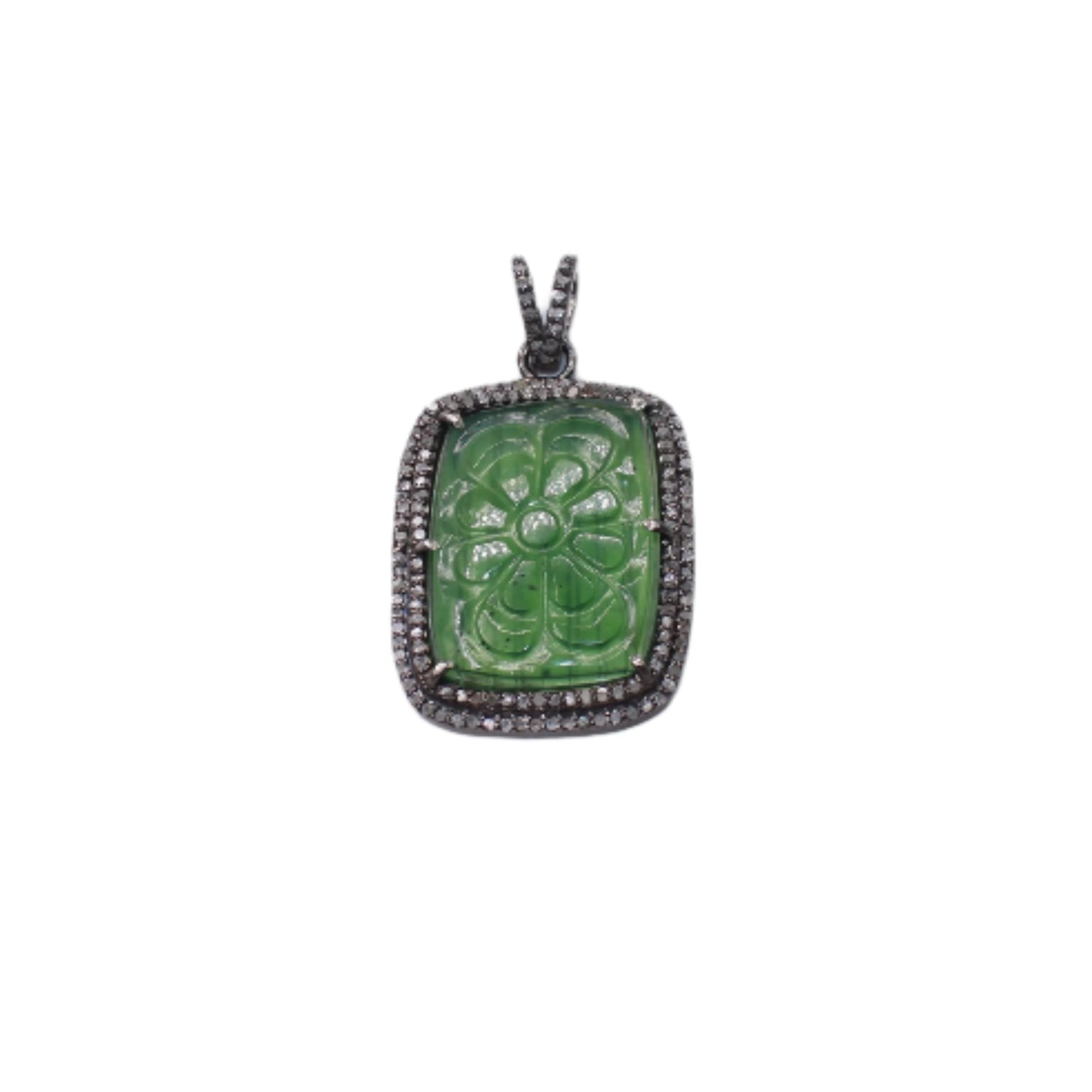 Flower Carving Green Aventurine Stone Pave Rosecut Diamond Pendant 925 Sterling Silver Handmade Finish Diamond Pendant