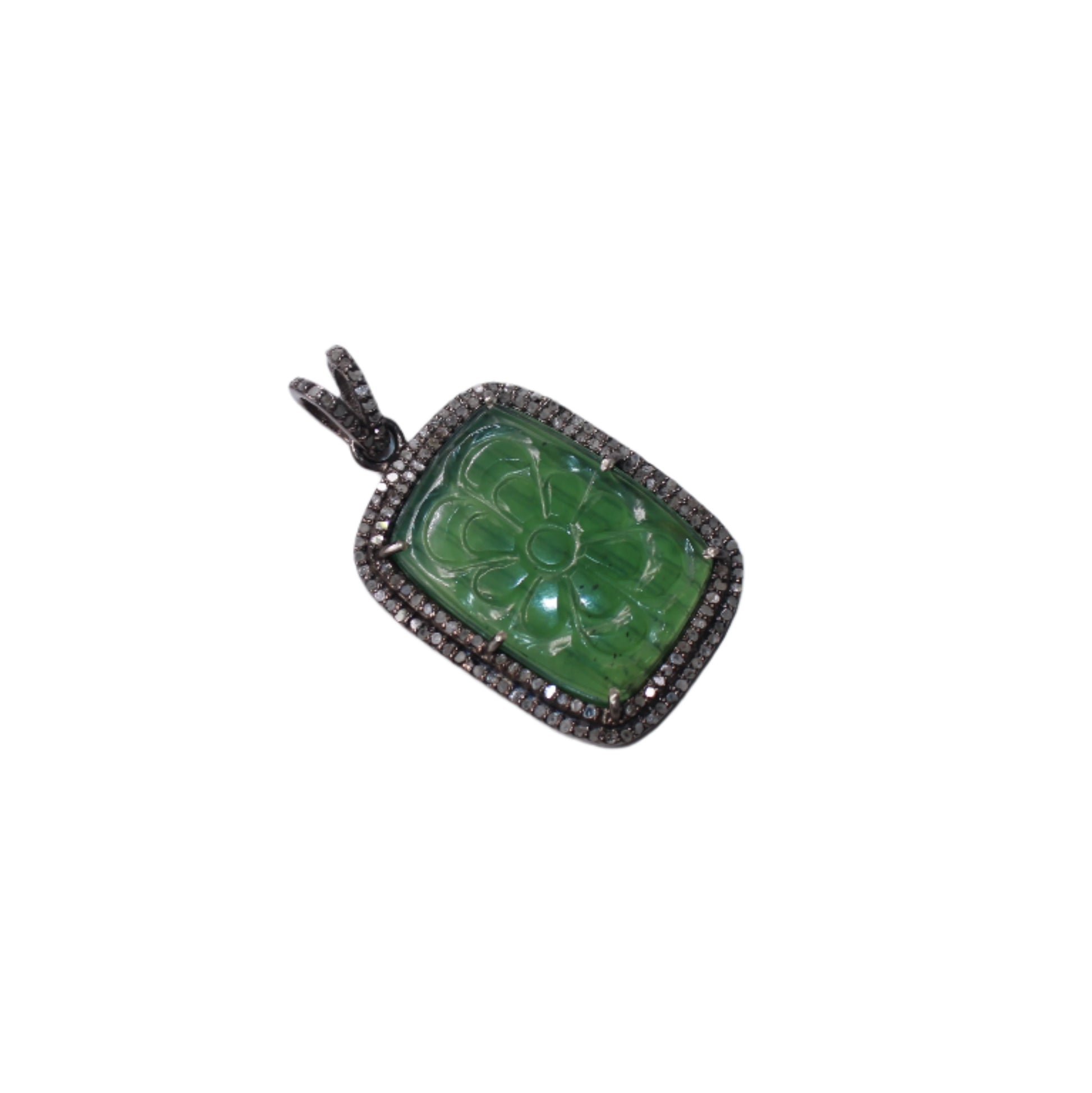 Flower Carving Green Aventurine Stone Pave Rosecut Diamond Pendant 925 Sterling Silver Handmade Finish Diamond Pendant