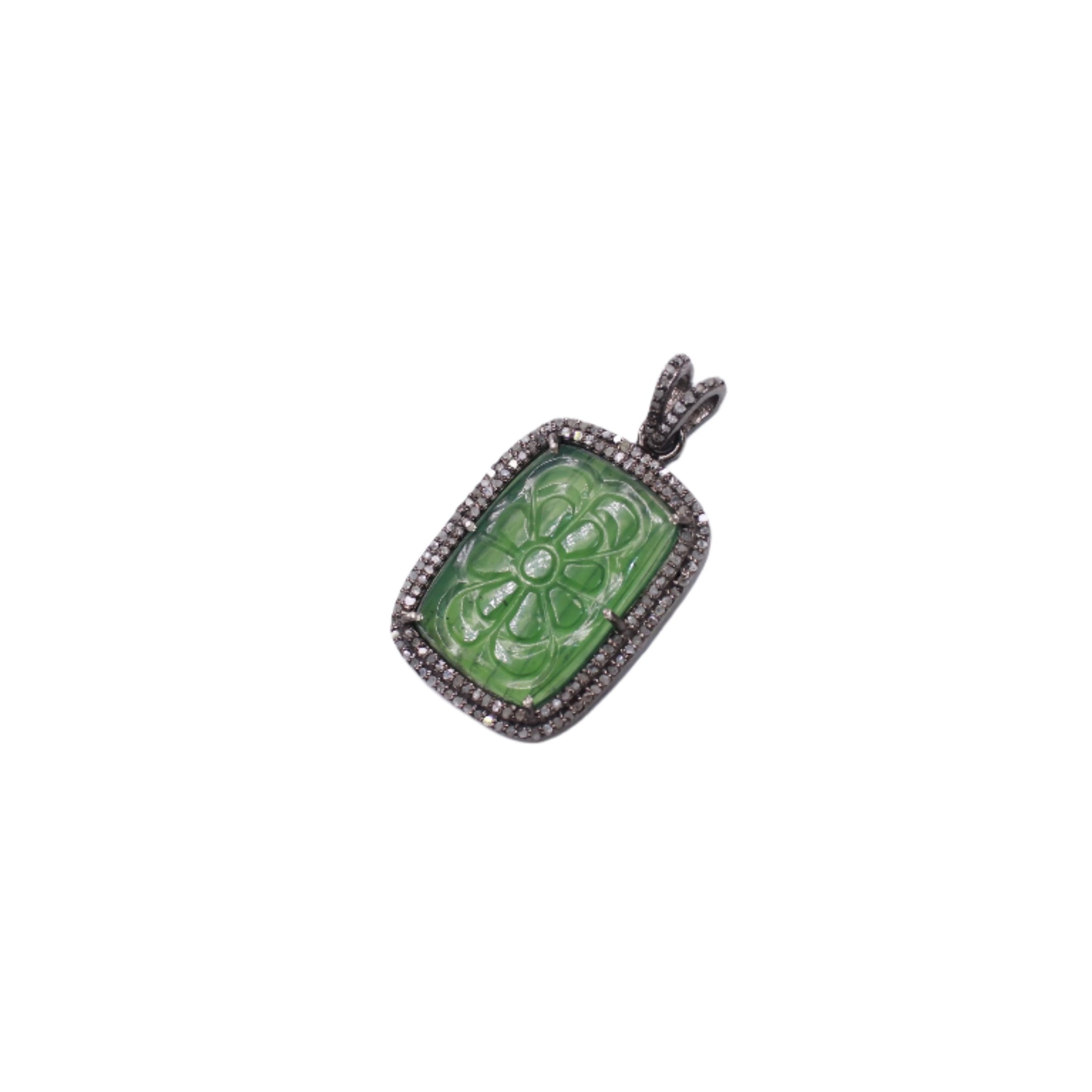 Flower Carving Green Aventurine Stone Pave Rosecut Diamond Pendant 925 Sterling Silver Handmade Finish Diamond Pendant