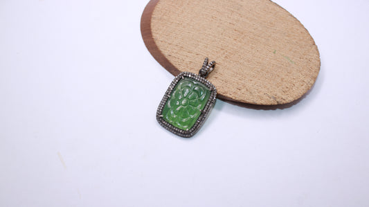 Flower Carving Green Aventurine Stone Pave Rosecut Diamond Pendant 925 Sterling Silver Handmade Finish Diamond Pendant