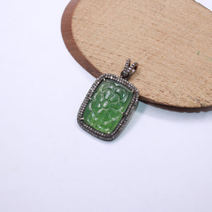 Flower Carving Green Aventurine Stone Pave Rosecut Diamond Pendant 925 Sterling Silver Handmade Finish Diamond Pendant