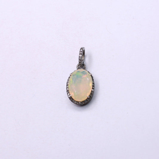 Ethopian Opal Pave Rosecut Diamond Pendant 925 Sterling Silver Handmade finish Diamond Pendant