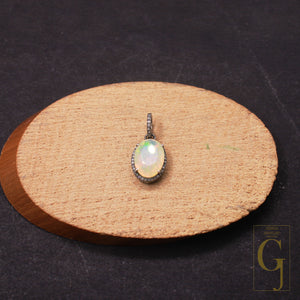 Ethopian Opal Pave Rosecut Diamond Pendant 925 Sterling Silver Handmade finish Diamond Pendant