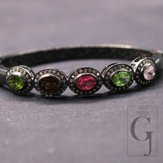 1 Pc Pave Diamond Silver Bangle Multi Tourmaline Handmade Diamond Silver Jewerly