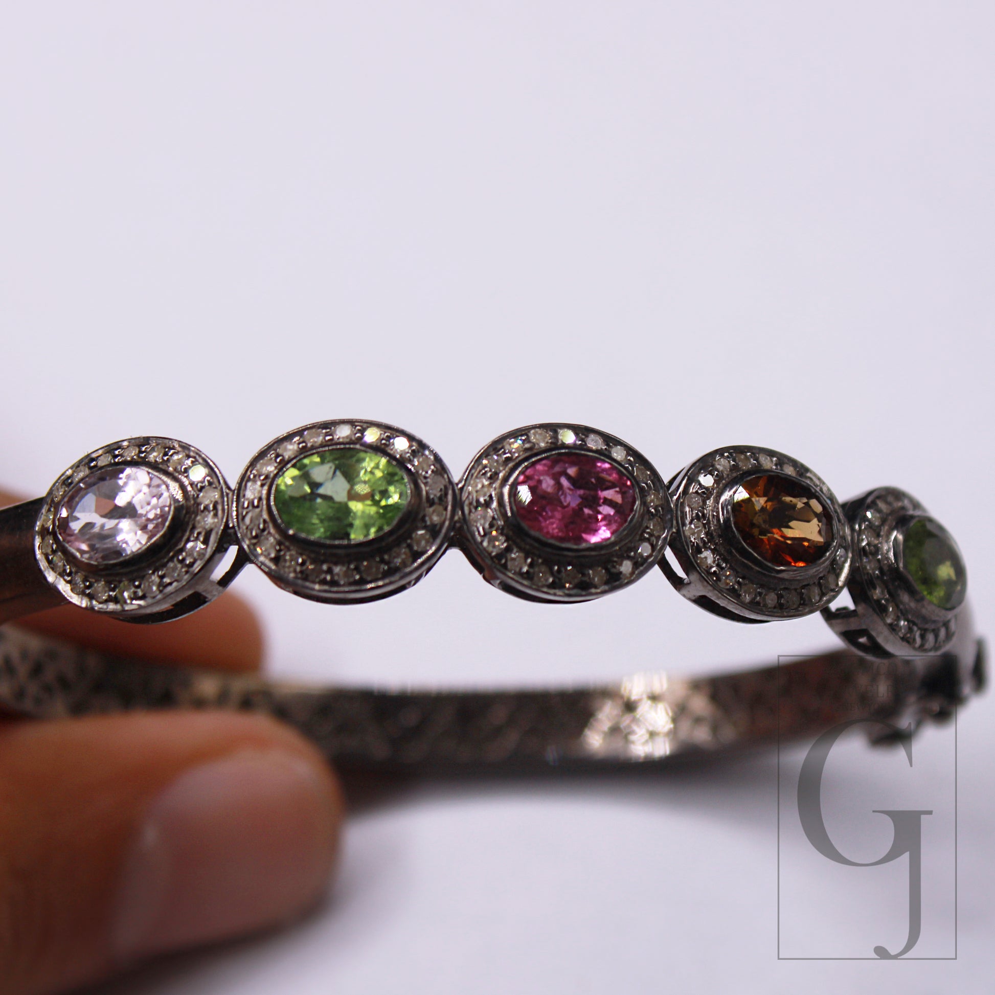 1 Pc Pave Diamond Silver Bangle Multi Tourmaline Handmade Diamond Silver Jewerly