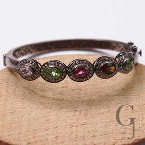 1 Pc Pave Diamond Silver Bangle Multi Tourmaline Handmade Diamond Silver Jewerly