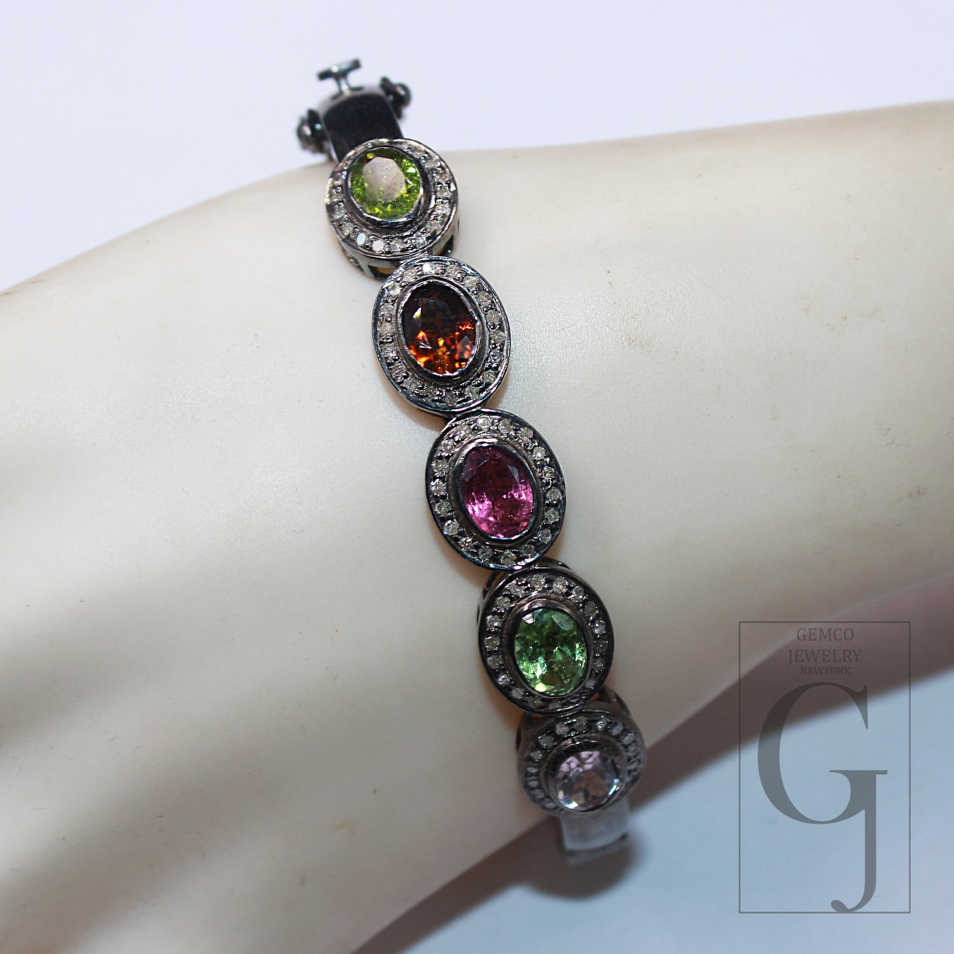 1 Pc Pave Diamond Silver Bangle Multi Tourmaline Handmade Diamond Silver Jewerly