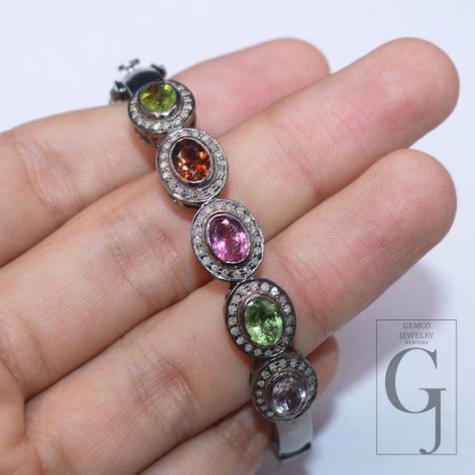 1 Pc Pave Diamond Silver Bangle Multi Tourmaline Handmade Diamond Silver Jewerly