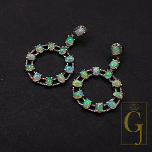 Very Beautiful Pave Rosecut Diamond Round Opal Earrings 925 Sterling Silver Handmade Finish Diamond  Earrings