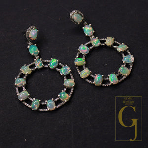 Very Beautiful Pave Rosecut Diamond Round Opal Earrings 925 Sterling Silver Handmade Diamond Finish Earrings 