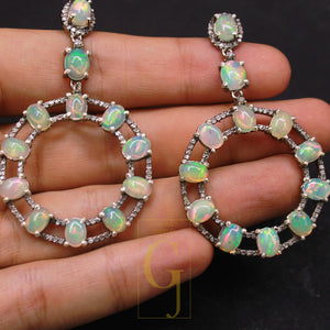 Very Beautiful Pave Rosecut Diamond Round Opal Earrings 925 Sterling Silver Handmade Diamond Finish Earrings 