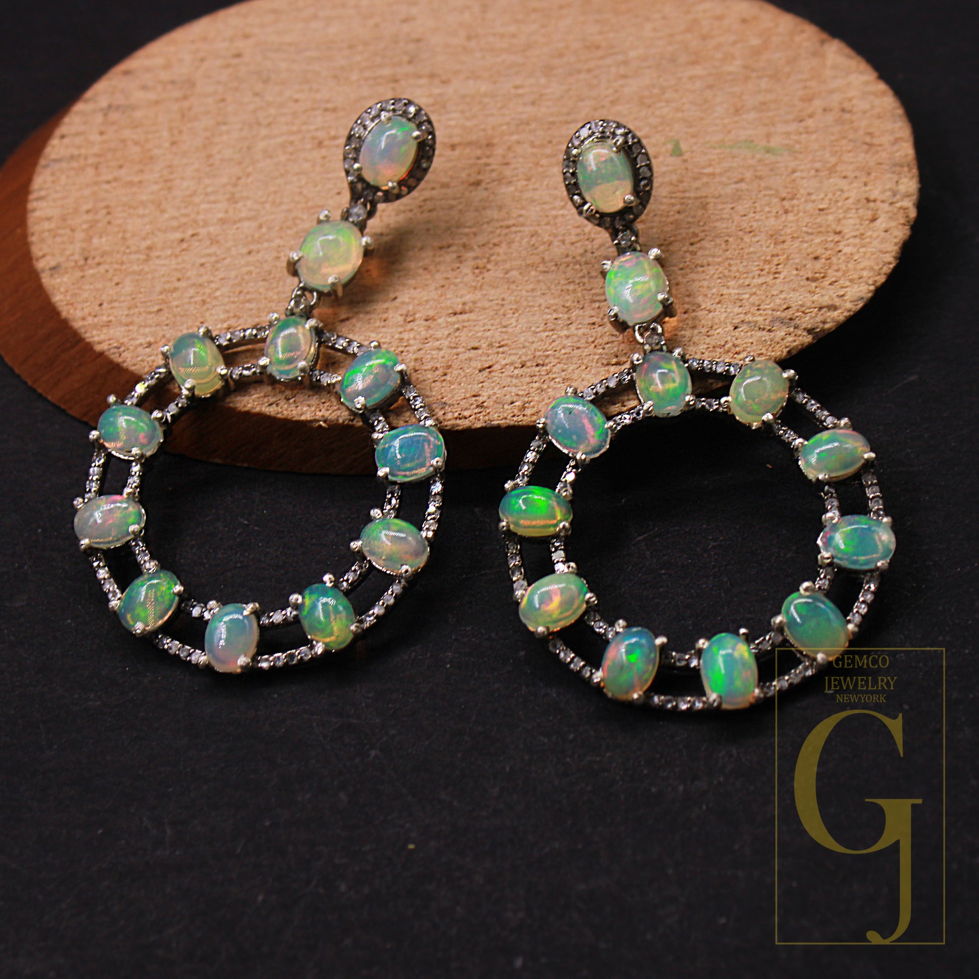 Very Beautiful Pave Rosecut Diamond Round Opal Earrings 925 Sterling Silver Handmade Finish Diamond  Earrings