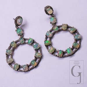 Very Beautiful Pave Rosecut Diamond Round Opal Earrings 925 Sterling Silver Handmade Finish Diamond  Earrings