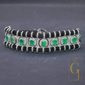 1 Pc  Natural  Emerald Stone Black Thread Macrame Diamond Bracelet 925 Sterling Silver Handmade Diamond Finish Thread Bracelet