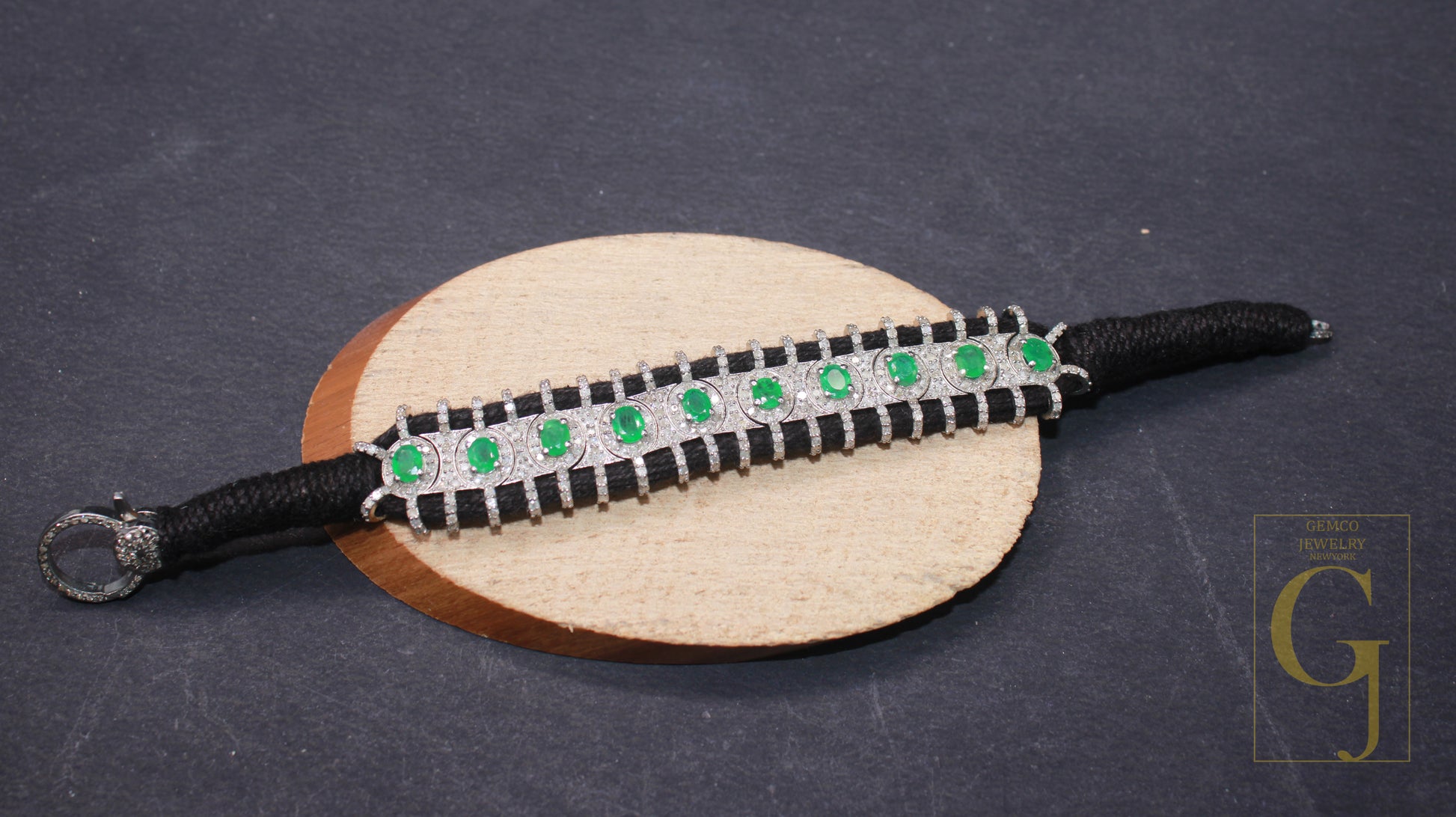 1 Pc  Natural  Emerald Stone Black Thread Macrame Diamond Bracelet 925 Sterling Silver Handmade Diamond Finish Thread Bracelet