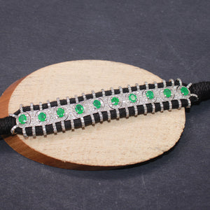 1 Pc  Natural  Emerald Stone Black Thread Macrame Diamond Bracelet 925 Sterling Silver Handmade Diamond Finish Thread Bracelet