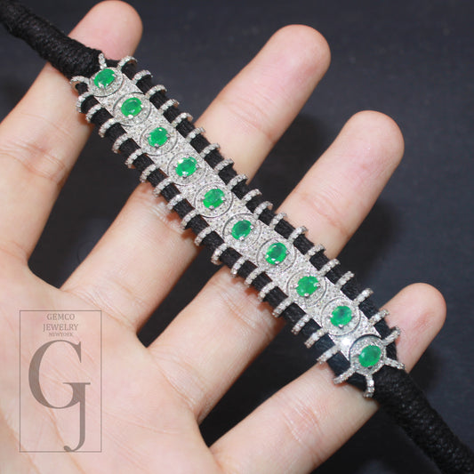 1 Pc  Natural  Emerald Stone Black Thread Macrame Diamond Bracelet 925 Sterling Silver Handmade Diamond Finish Thread Bracelet