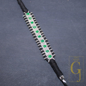 1 Pc  Natural  Emerald Stone Black Thread Macrame Diamond Bracelet 925 Sterling Silver Handmade Diamond Finish Thread Bracelet