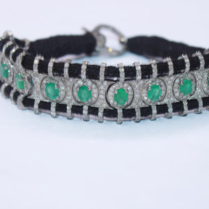 1 Pc  Natural  Emerald Stone Black Thread Macrame Diamond Bracelet 925 Sterling Silver Handmade Diamond Finish Thread Bracelet