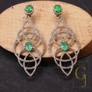 1 Pair Pave Rosecut Diamond  Flower Desgin  Emerald Earrings 925 sterling silver Diamond Handmade Finish Earrings