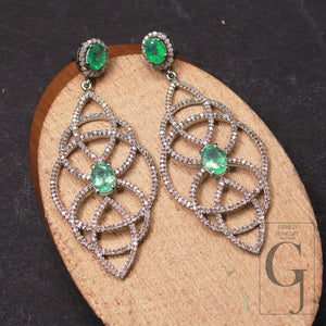 1 Pair Pave Rosecut Diamond  Flower Desgin  Emerald Earrings 925 sterling silver Diamond Handmade Finish Earrings