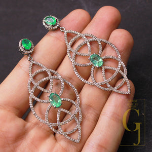 1 Pair Pave Rosecut Diamond  Flower Desgin  Emerald Earrings 925 sterling silver Diamond Handmade Finish Earrings