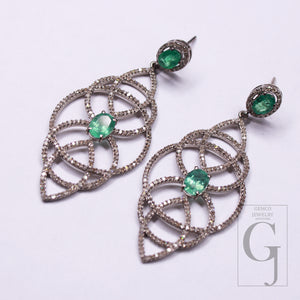 1 Pair Pave Rosecut Diamond  Flower Desgin  Emerald Earrings 925 sterling silver Diamond Handmade Finish Earrings