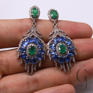 1 Pair Emerald And Kyanite Pave Rosecut Diamond Earring Handmade Silver Jewelry