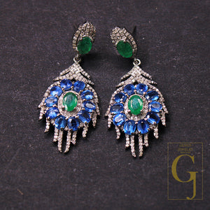 1 Pair Emerald And Kyanite Pave Rosecut Diamond Earring Handmade Silver Jewelry