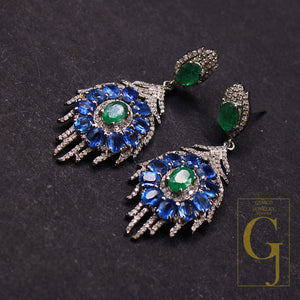 1 Pair Emerald And Kyanite Pave Rosecut Diamond Earring Handmade Silver Jewelry