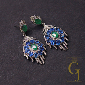 1 Pair Emerald And Kyanite Pave Rosecut Diamond Earring Handmade Silver Jewelry