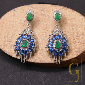 1 Pair Emerald And Kyanite Pave Rosecut Diamond Earring Handmade Silver Jewelry