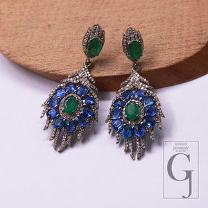 1 Pair Emerald And Kyanite Pave Rosecut Diamond Earring Handmade Silver Jewelry