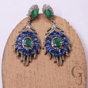 1 Pair Emerald And Kyanite Pave Rosecut Diamond Earring Handmade Silver Jewelry