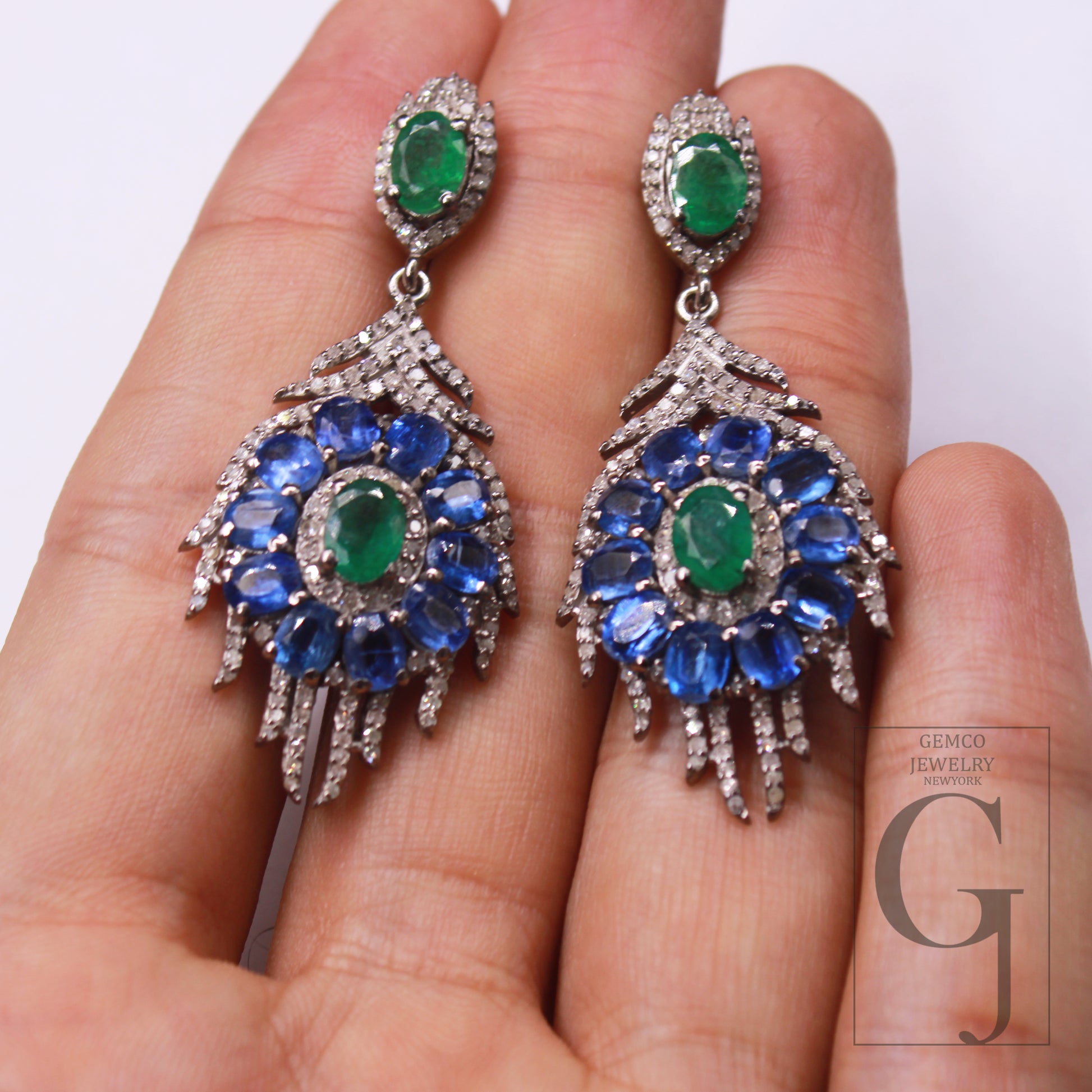 1 Pair Emerald And Kyanite Pave Rosecut Diamond Earring Handmade Silver Jewelry