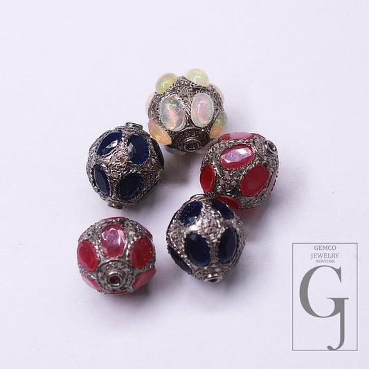 Pave Diamond Opal Ruby Blue Sapphire Silver spacers 925 Silver Ball Handmade Silver fine jewerly 