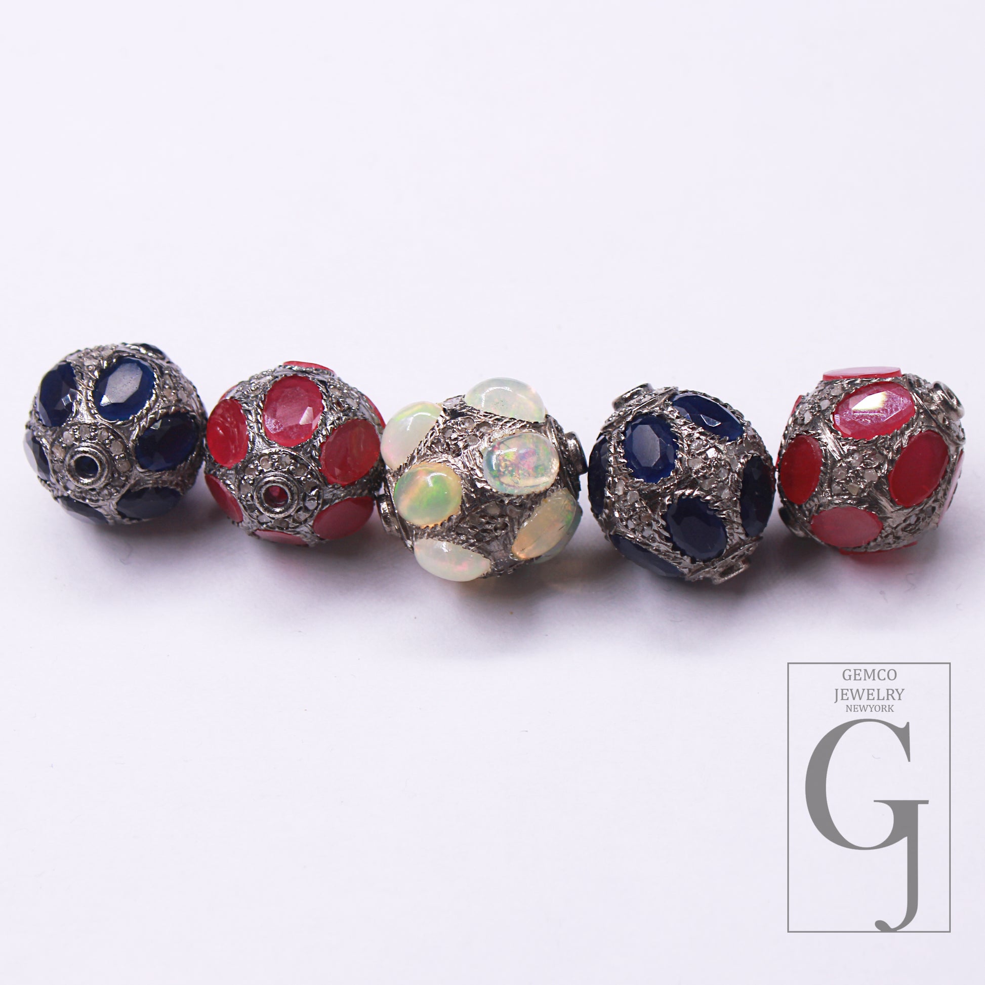 Pave Diamond Opal Ruby Blue Sapphire Silver spacers 925 Silver Ball Handmade Silver fine jewerly 