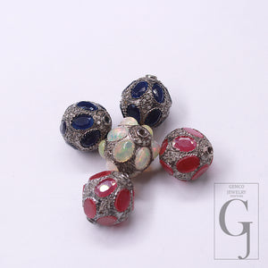 Pave Diamond Opal Ruby Blue Sapphire Silver spacers 925 Silver Ball Handmade Silver fine jewerly 