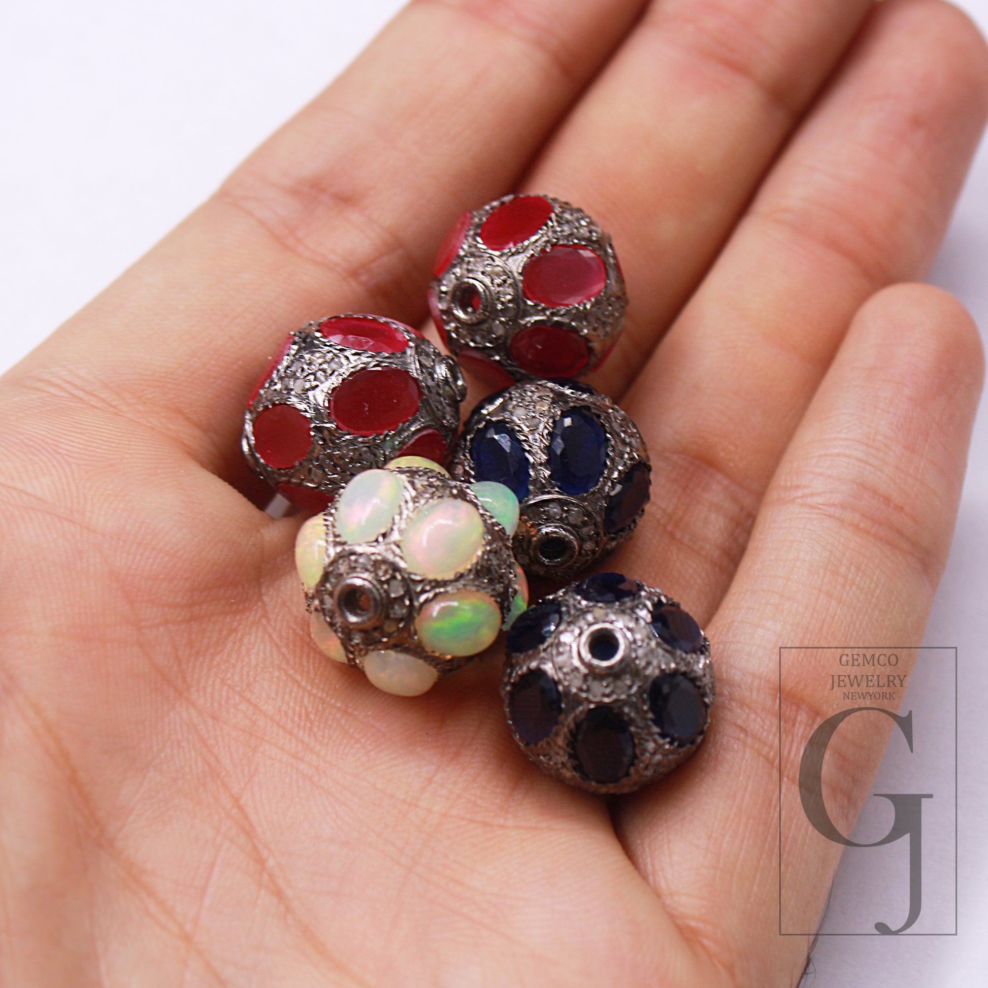 Pave Diamond Opal Ruby Blue Sapphire Silver spacers 925 Silver Ball Handmade Silver fine jewerly 